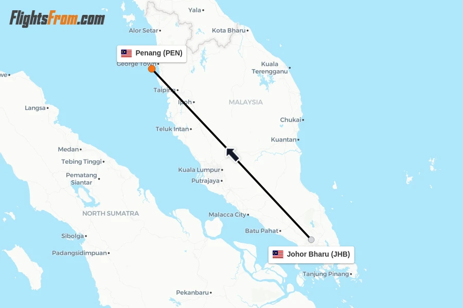 Flights from Johor Bharu to Penang route map