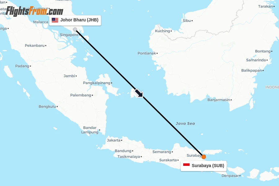 Flights from Johor Bharu to Surabaya route map