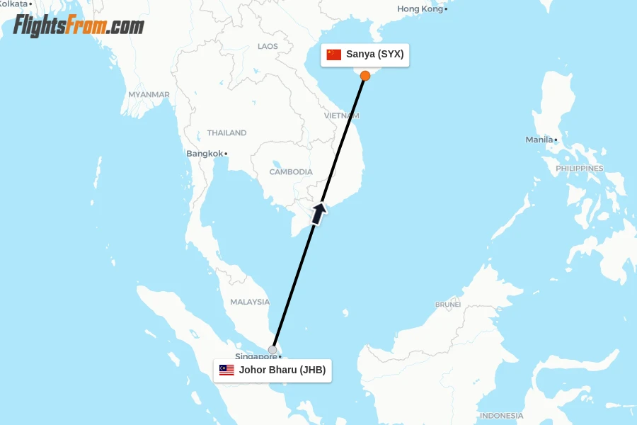 Flights from Johor Bharu to Sanya route map