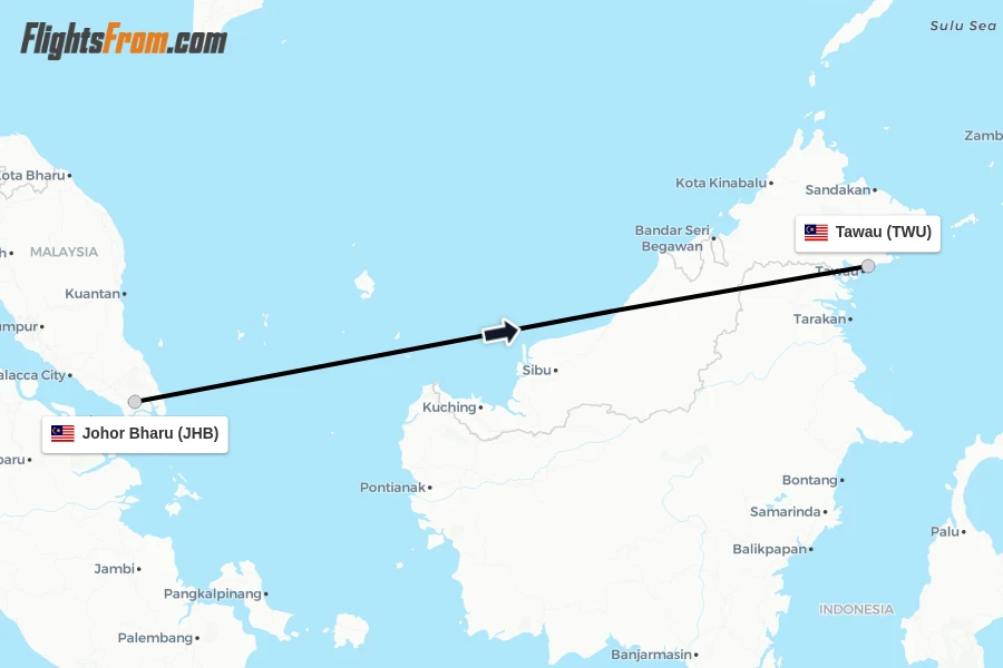 Flights from Johor Bharu to Tawau route map