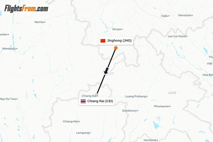 Flights from Jinghong to Chiang Rai route map