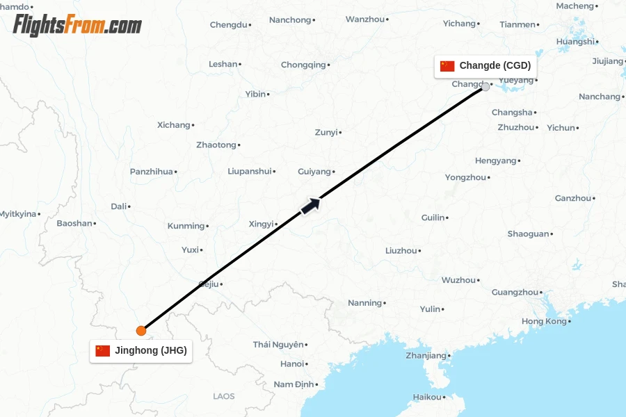 Flights from Jinghong to Changde route map