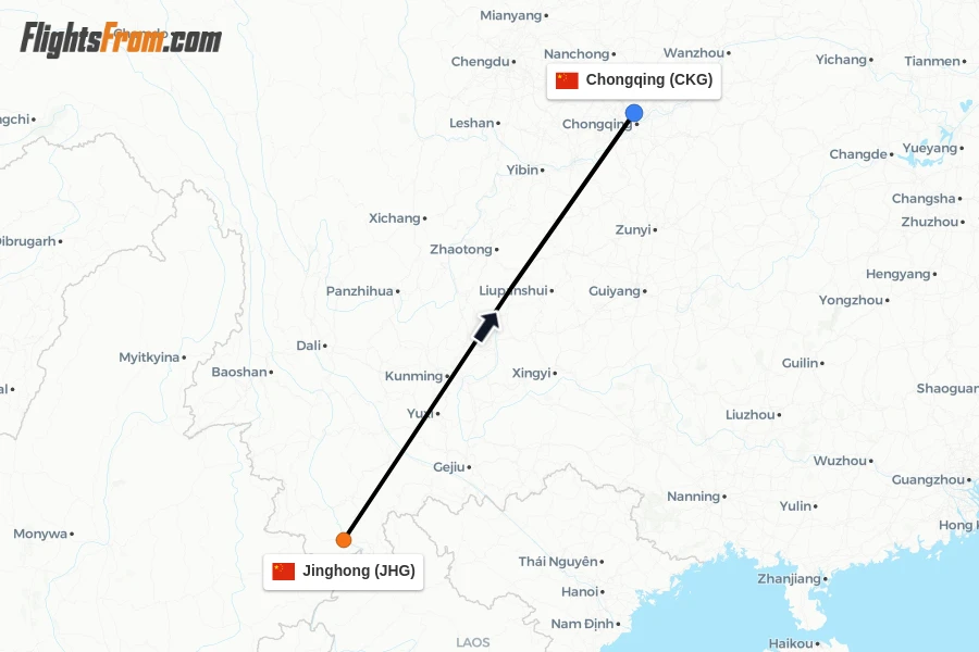 Flights from Jinghong to Chongqing route map