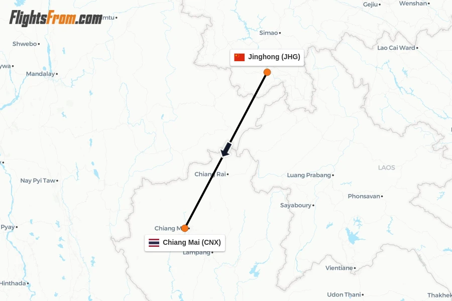 Flights from Jinghong to Chiang Mai route map