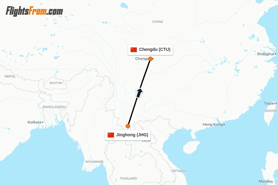 Flights from Jinghong to Chengdu route map
