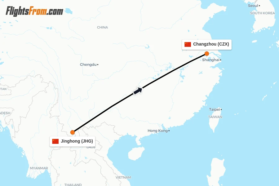 Flights from Jinghong to Changzhou route map