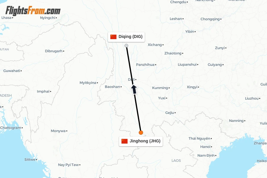 Flights from Jinghong to Diqing route map