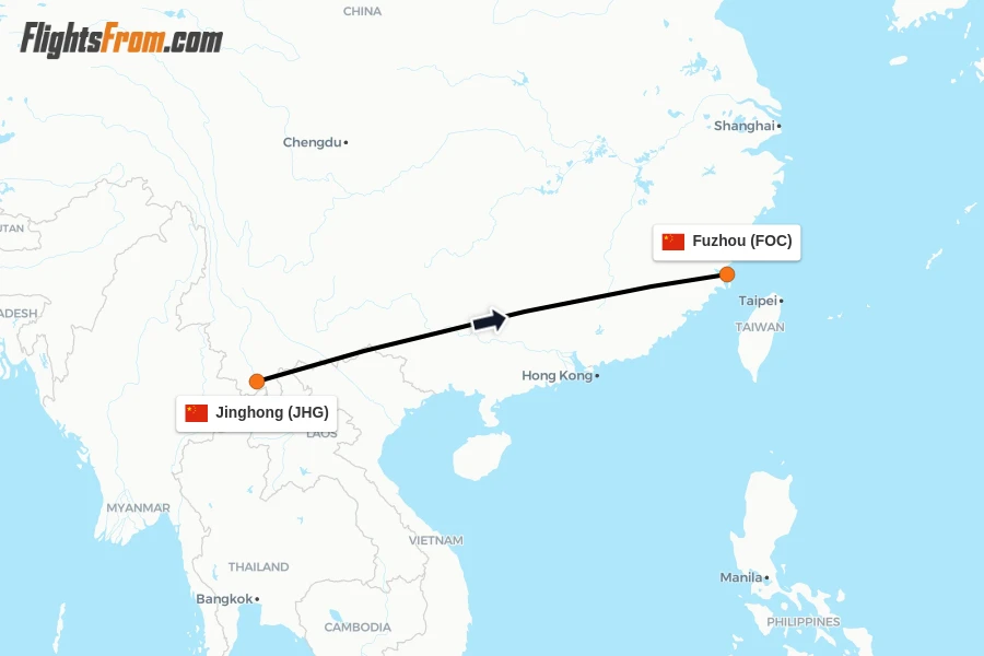 Flights from Jinghong to Fuzhou route map