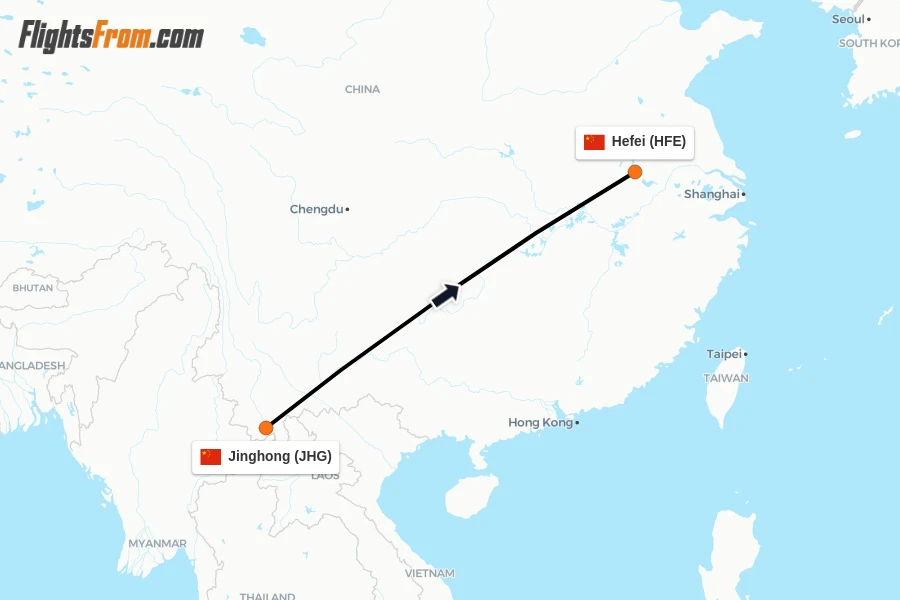 Flights from Jinghong to Hefei route map