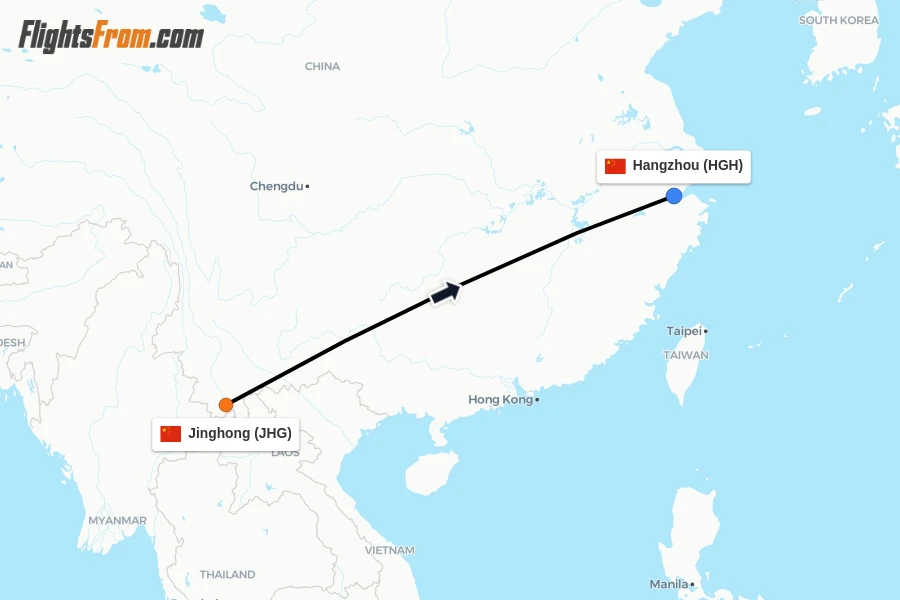 Flights from Jinghong to Hangzhou route map