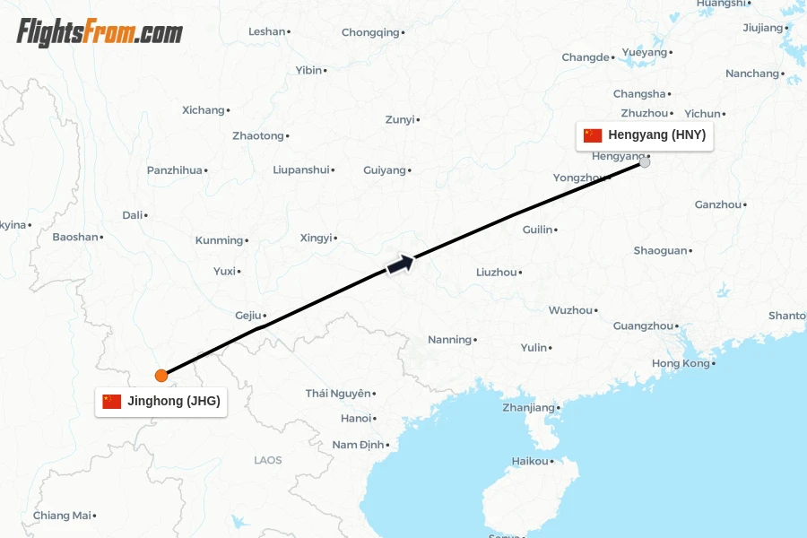 Flights from Jinghong to Hengyang route map