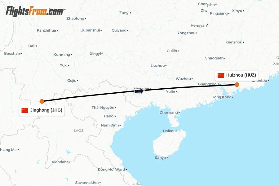 Flights from Jinghong to Huizhou route map