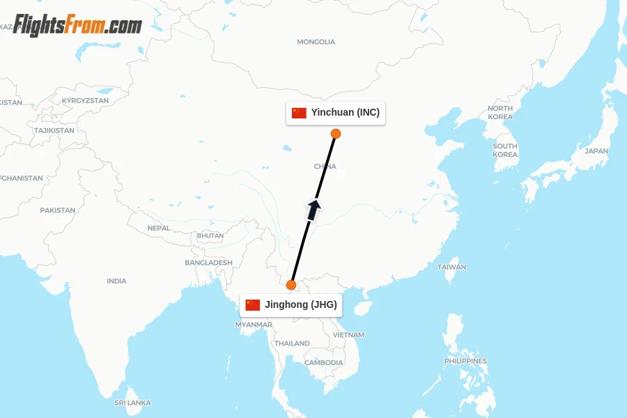 Flights from Jinghong to Yinchuan route map