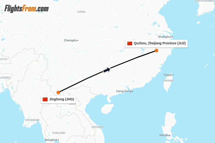 Flights from Jinghong to Quzhou, Zhejiang Province route map