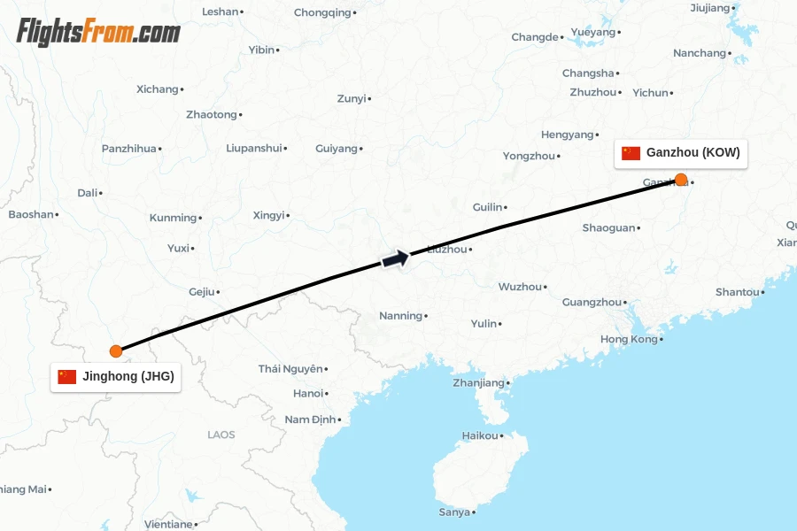 Flights from Jinghong to Ganzhou route map