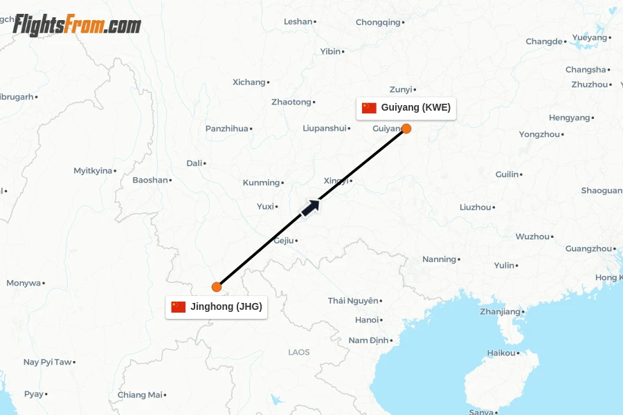 Flights from Jinghong to Guiyang route map
