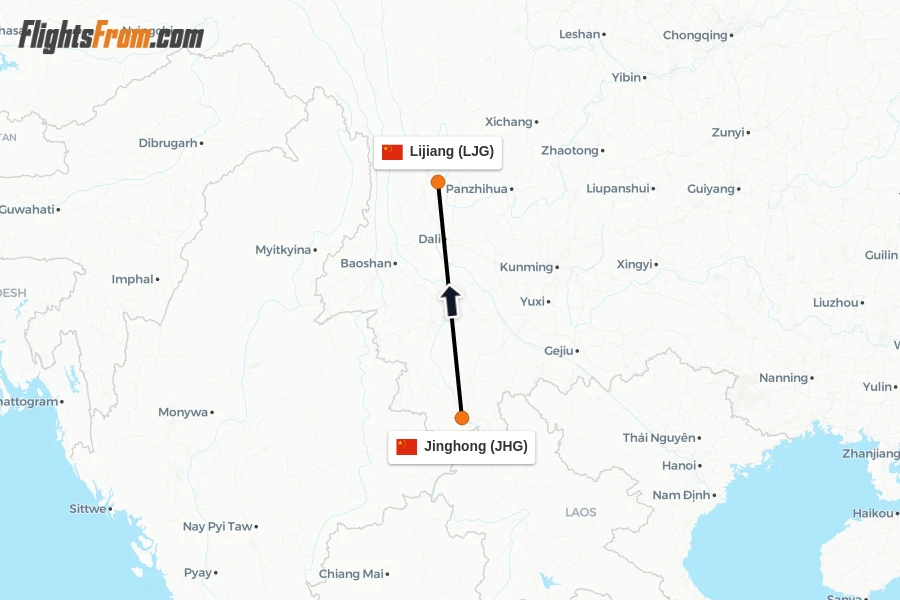 Flights from Jinghong to Lijiang route map
