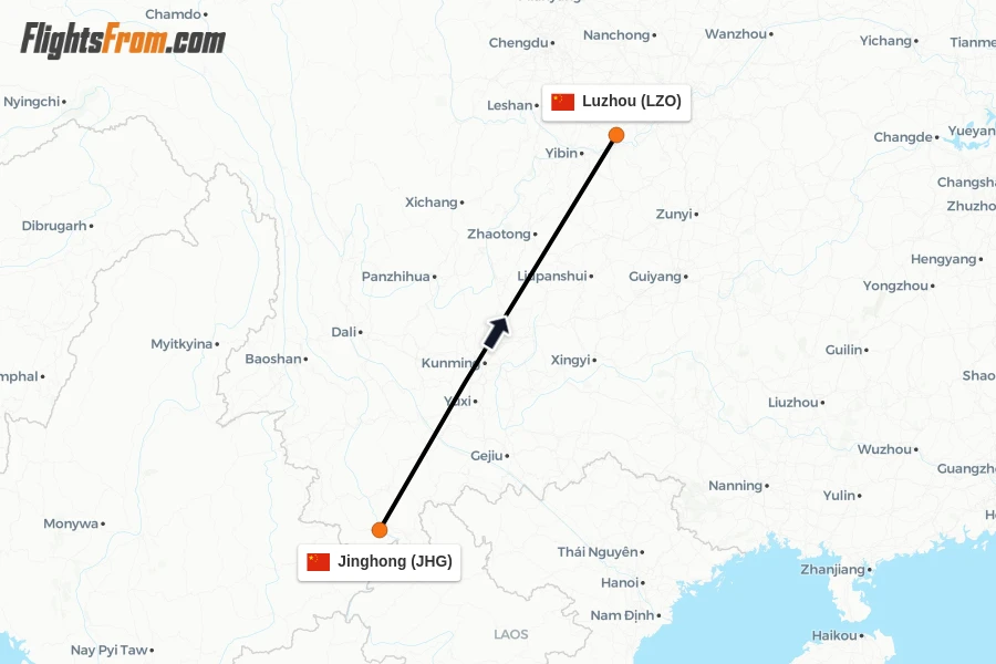 Flights from Jinghong to Luzhou route map