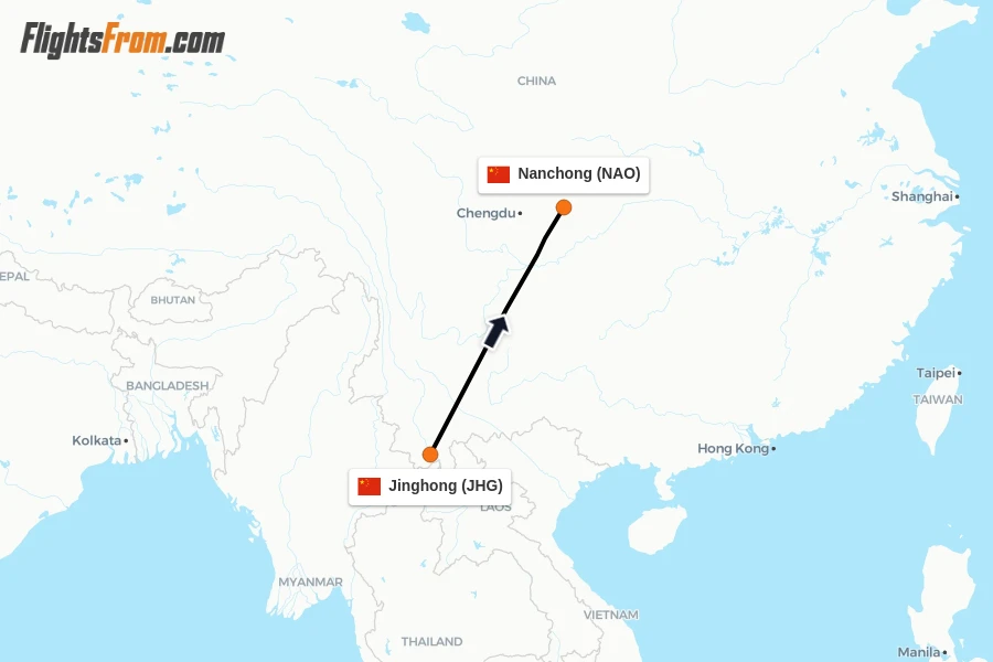 Flights from Jinghong to Nanchong route map