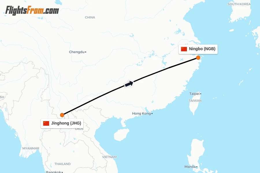 Flights from Jinghong to Ningbo route map