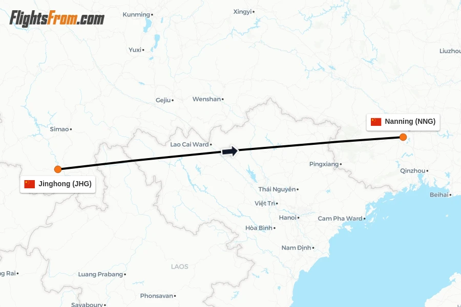 Flights from Jinghong to Nanning route map