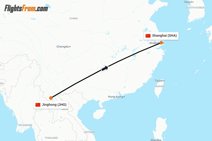 Flights from Jinghong to Shanghai route map