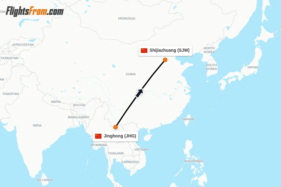 Flights from Jinghong to Shijiazhuang route map