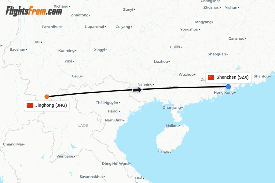 Flights from Jinghong to Shenzhen route map