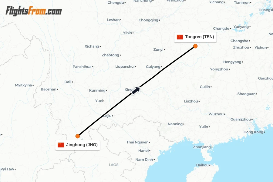 Flights from Jinghong to Tongren route map