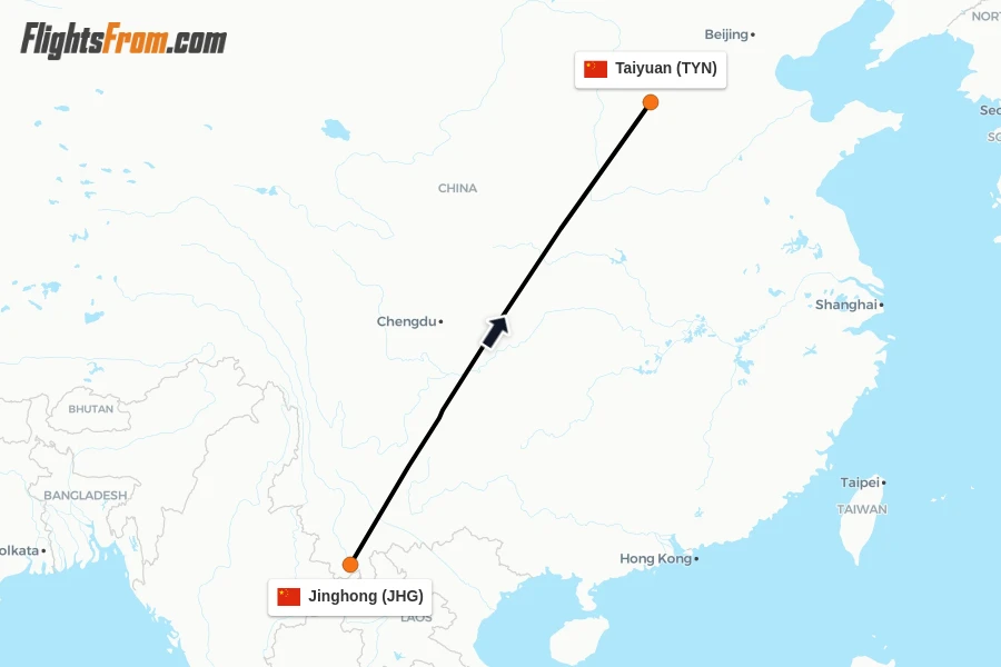 Flights from Jinghong to Taiyuan route map