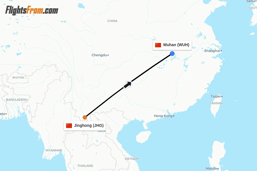 Flights from Jinghong to Wuhan route map