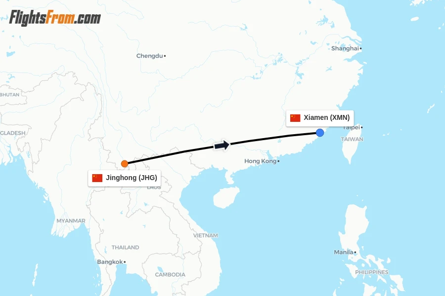 Flights from Jinghong to Xiamen route map