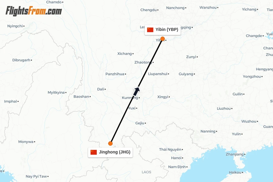 Flights from Jinghong to Yibin route map