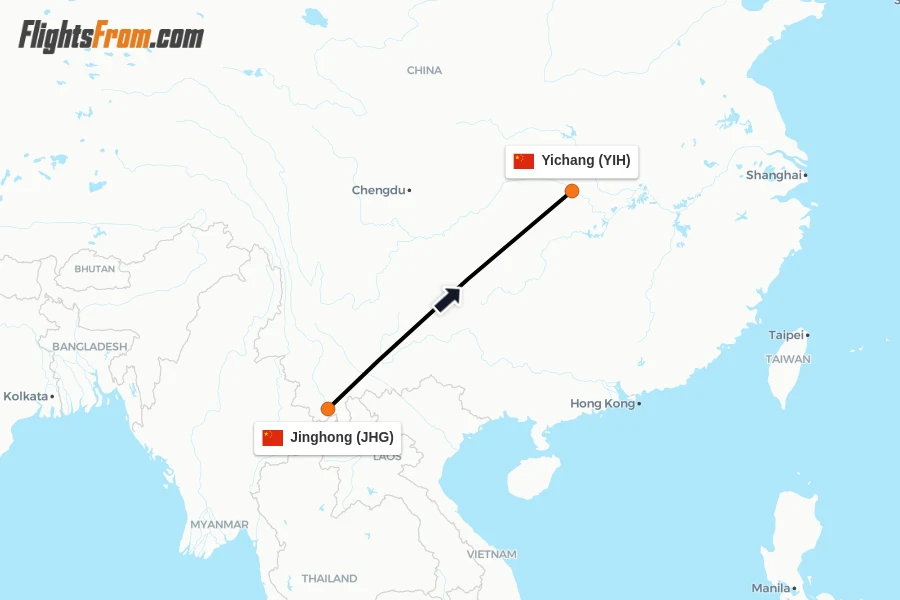Flights from Jinghong to Yichang route map
