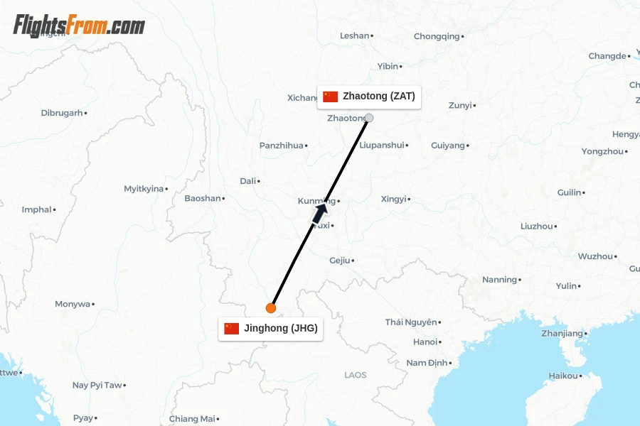 Flights from Jinghong to Zhaotong route map