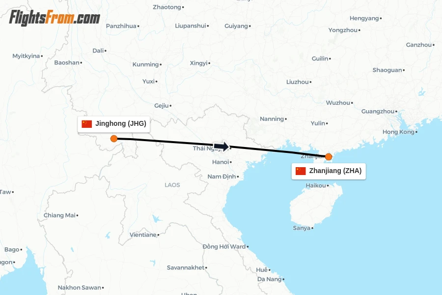 Flights from Jinghong to Zhanjiang route map