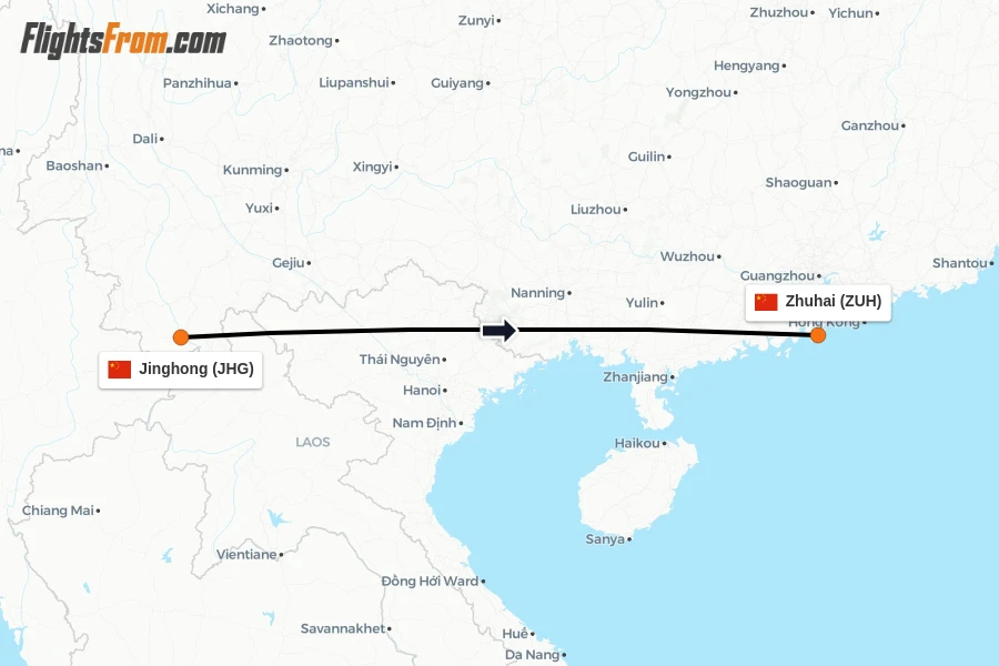 Flights from Jinghong to Zhuhai route map