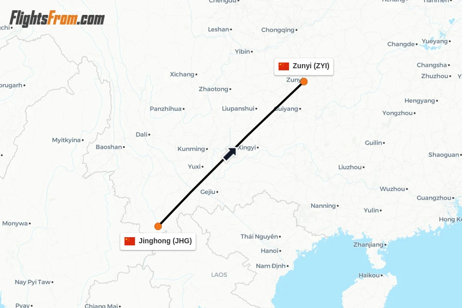 Flights from Jinghong to Zunyi route map