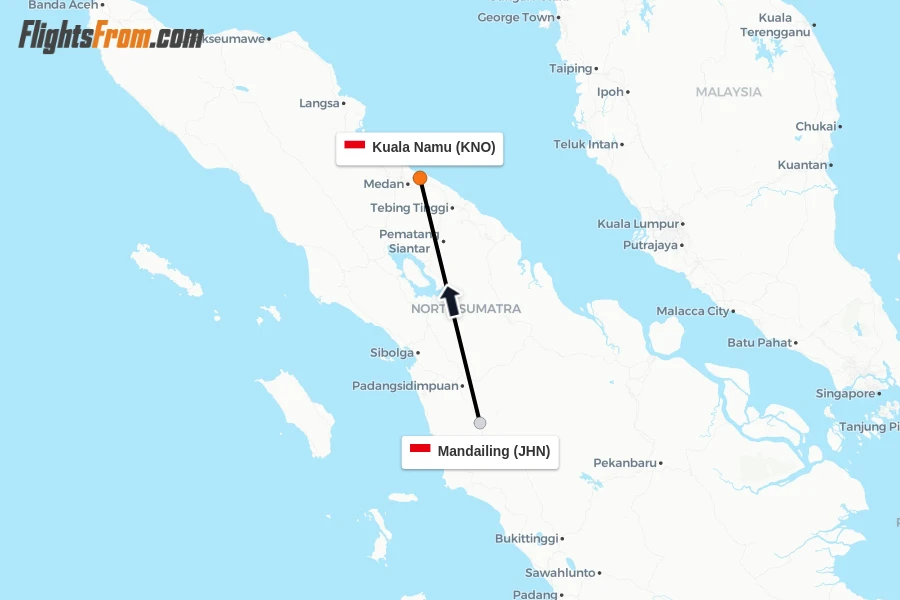 Flights from Mandailing to Kuala Namu route map