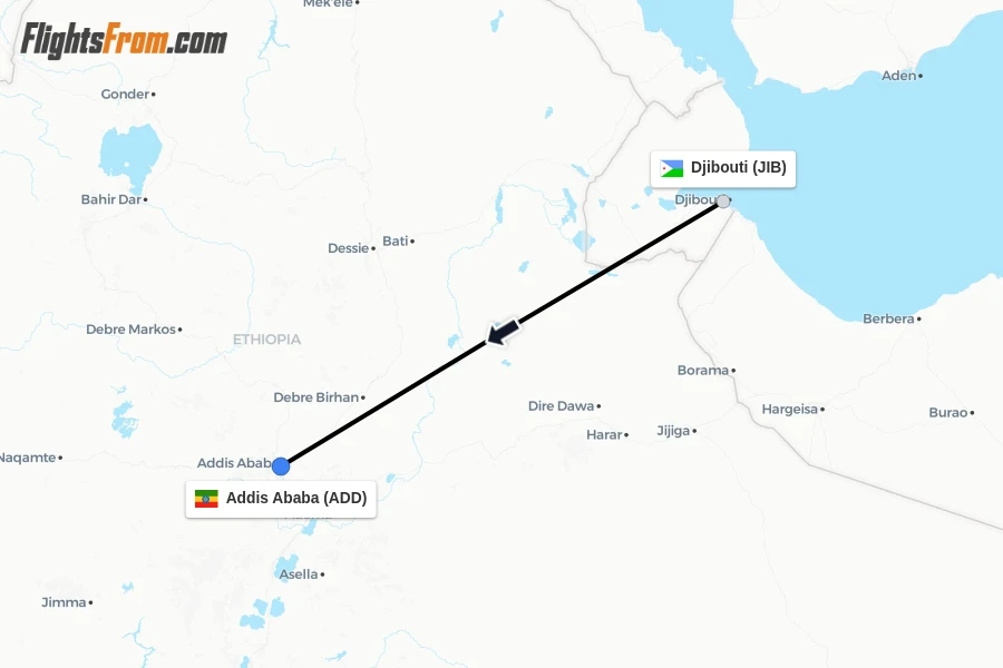 Flights from Djibouti to Addis Ababa route map