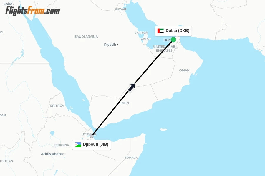 Flights from Djibouti to Dubai route map