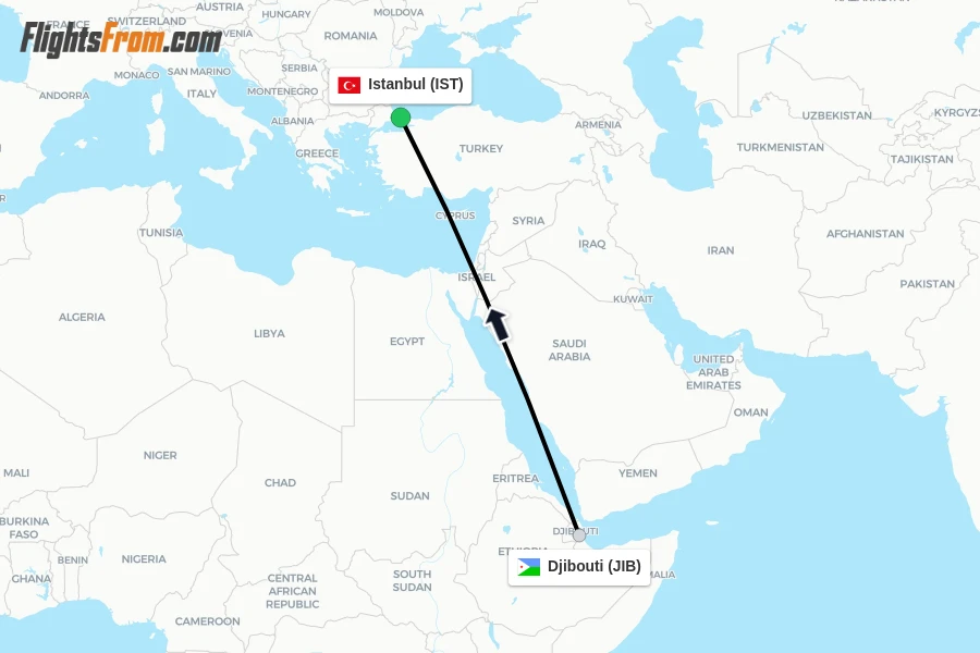 Flights from Djibouti to Istanbul route map