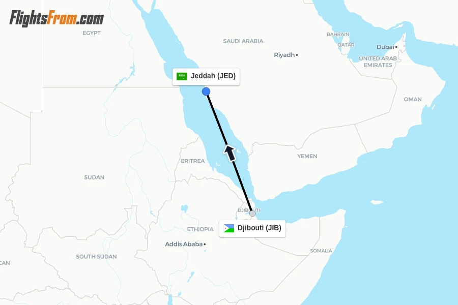 Flights from Djibouti to Jeddah route map