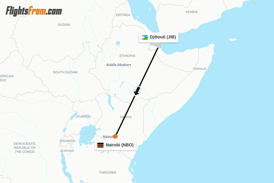 Flights from Djibouti to Nairobi route map