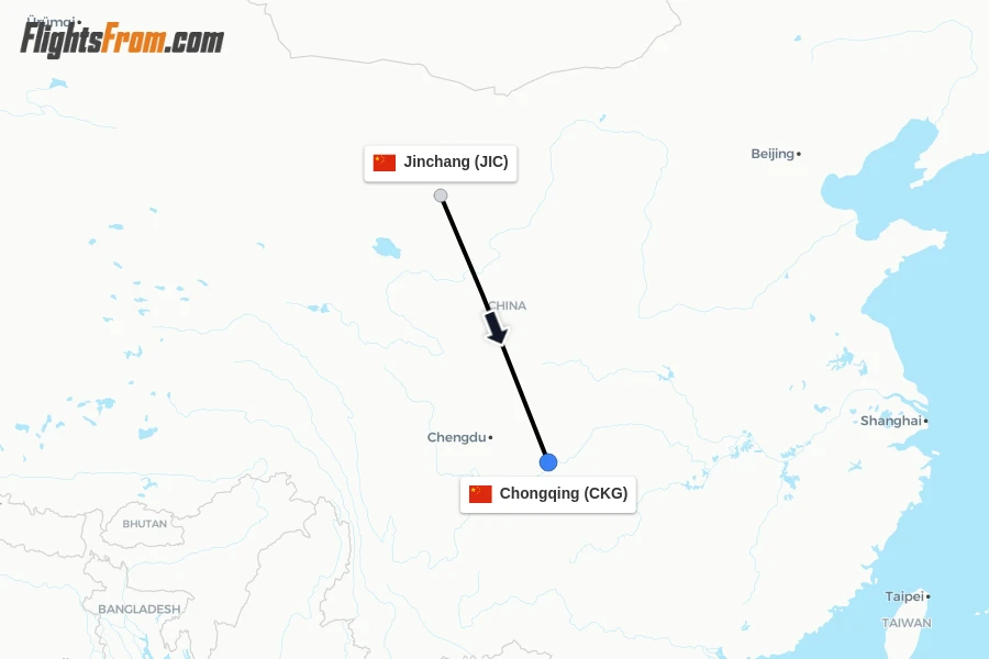 Flights from Jinchang to Chongqing route map