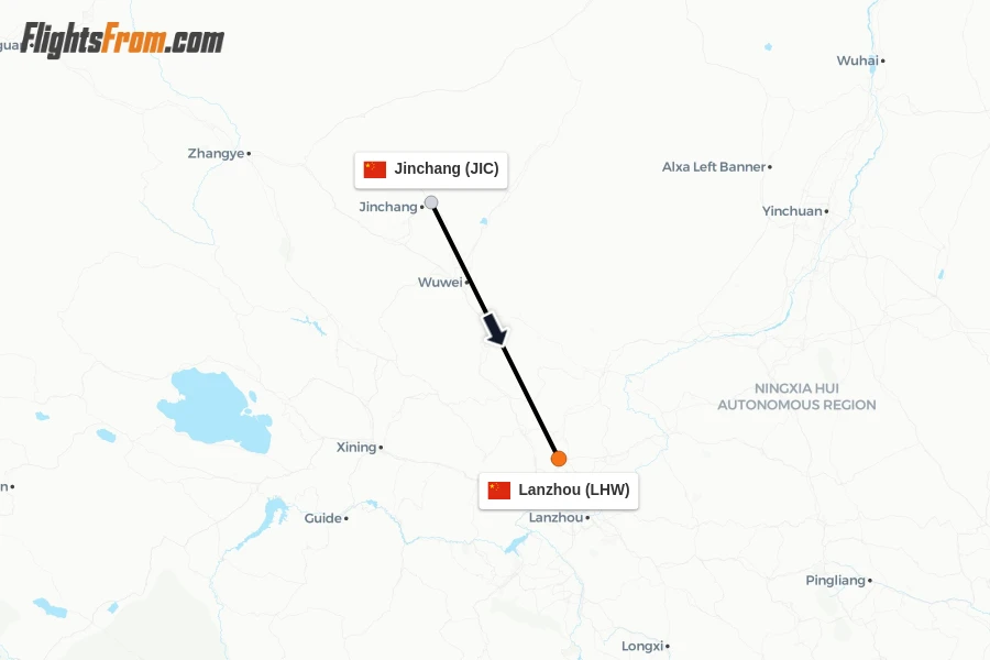 Flights from Jinchang to Lanzhou route map