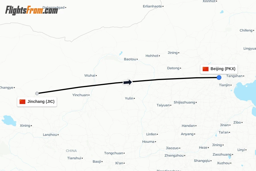 Flights from Jinchang to Beijing route map
