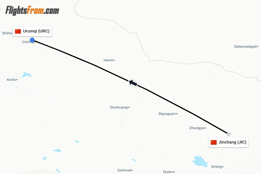 Flights from Jinchang to Urumqi route map