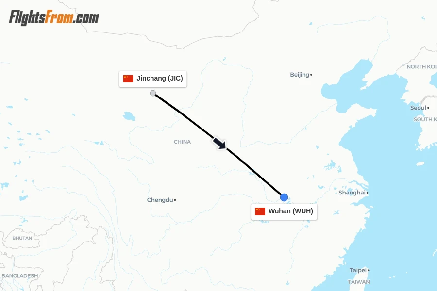 Flights from Jinchang to Wuhan route map