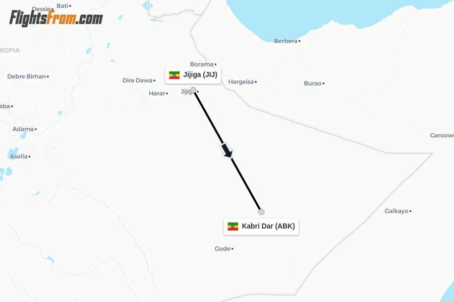Flights from Jijiga to Kabri Dar route map